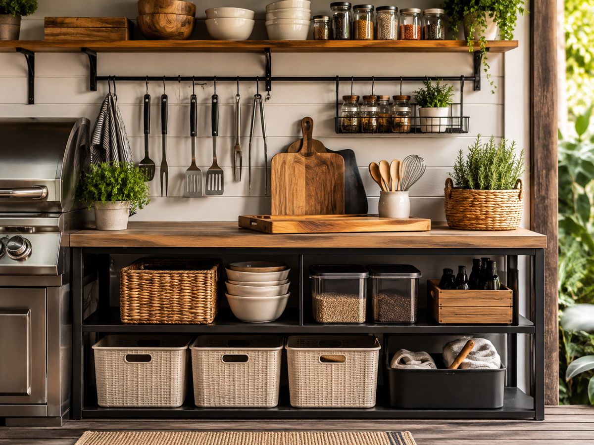 Outdoor kitchen storage and organization solutions