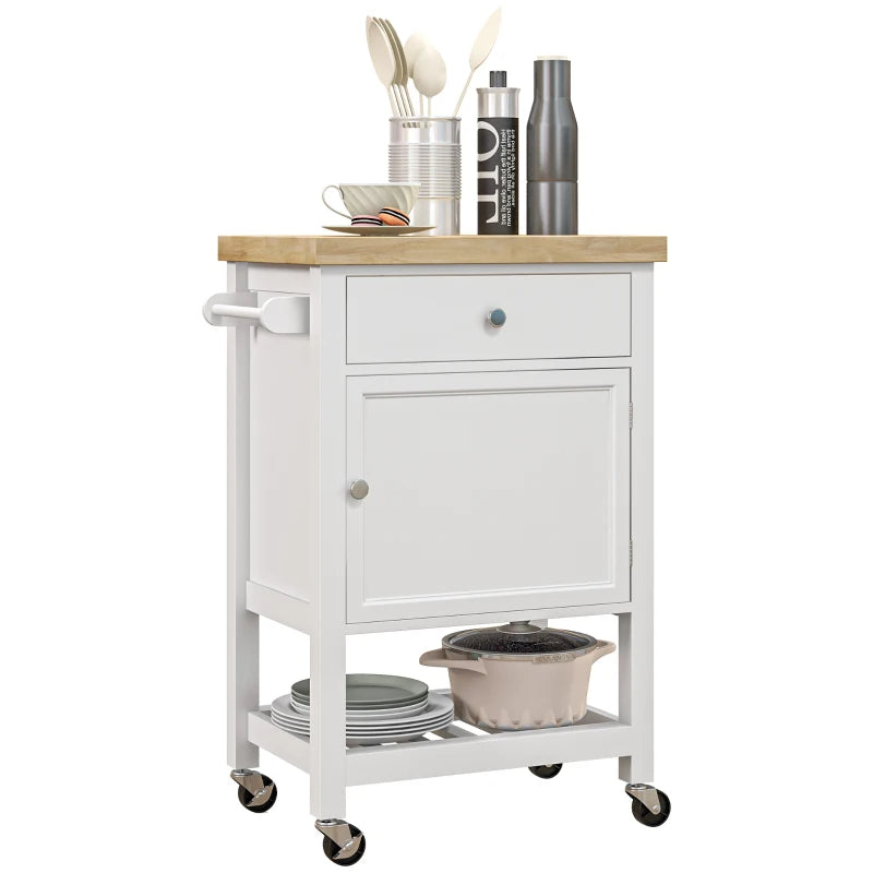 Kitchen island cart with locking casters and towel bar