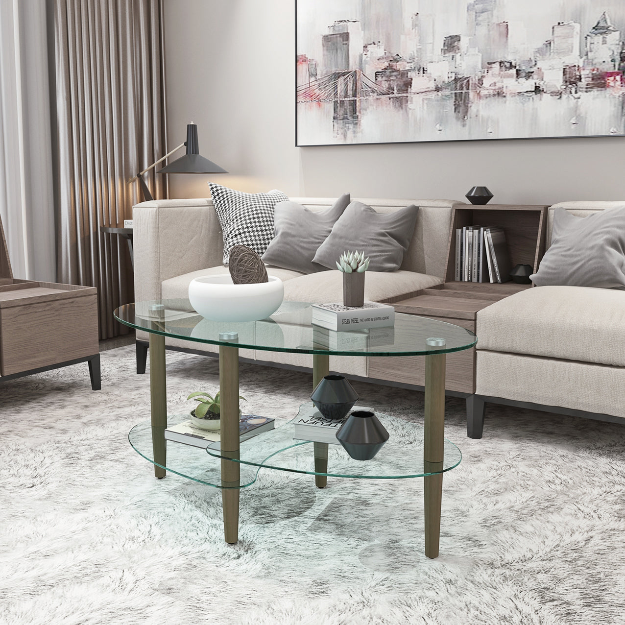 Modern oval coffee table with clear glass surfaces