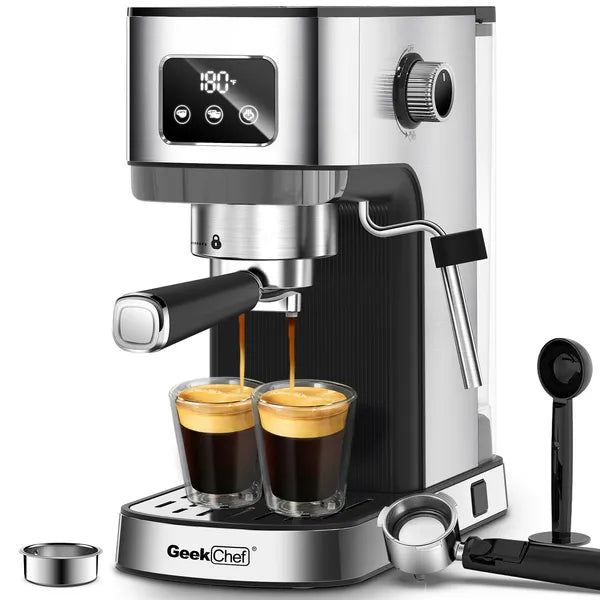 Compact stainless steel espresso machine for home countertop