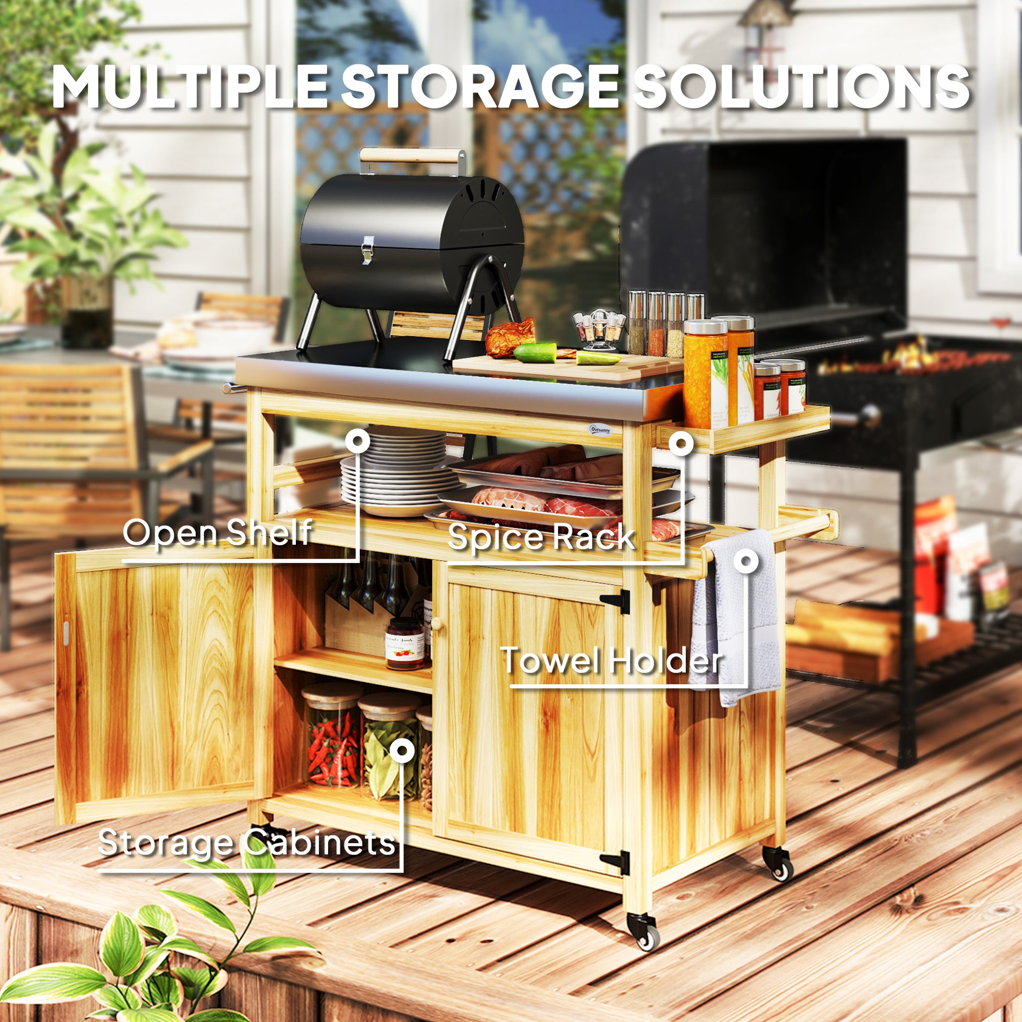 Rolling Outdoor Kitchen Island – Solid Wood Grill Cart