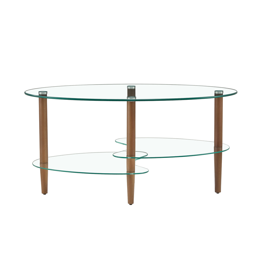 3-tier oval glass coffee table with wood legs