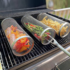 2-Pieces Stainless Steel Rolling Grill Basket Set – BBQ Mesh Tube with Hooks