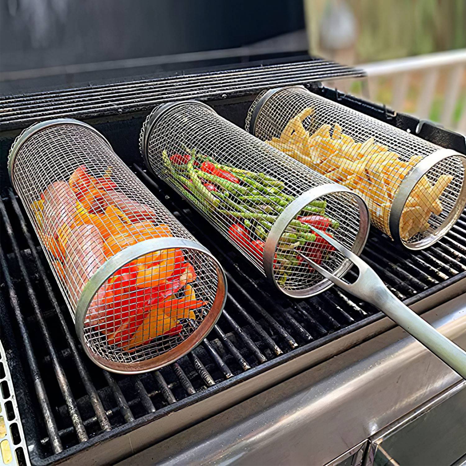 2-Pieces Stainless Steel Rolling Grill Basket Set – BBQ Mesh Tube with Hooks