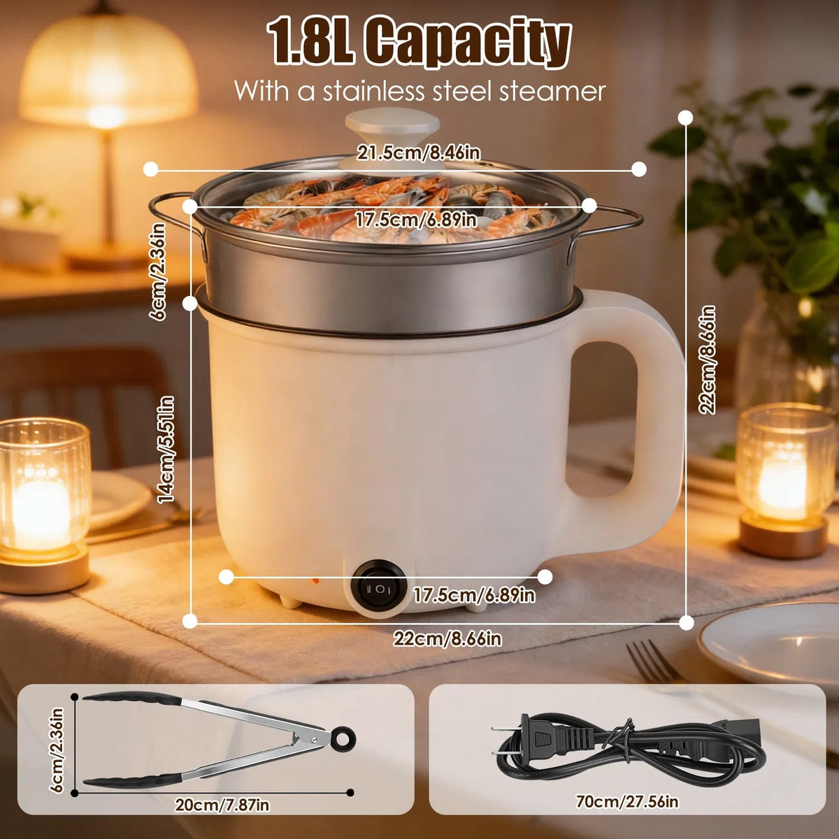 1.8L ceramic electric hot pot with steamer rack