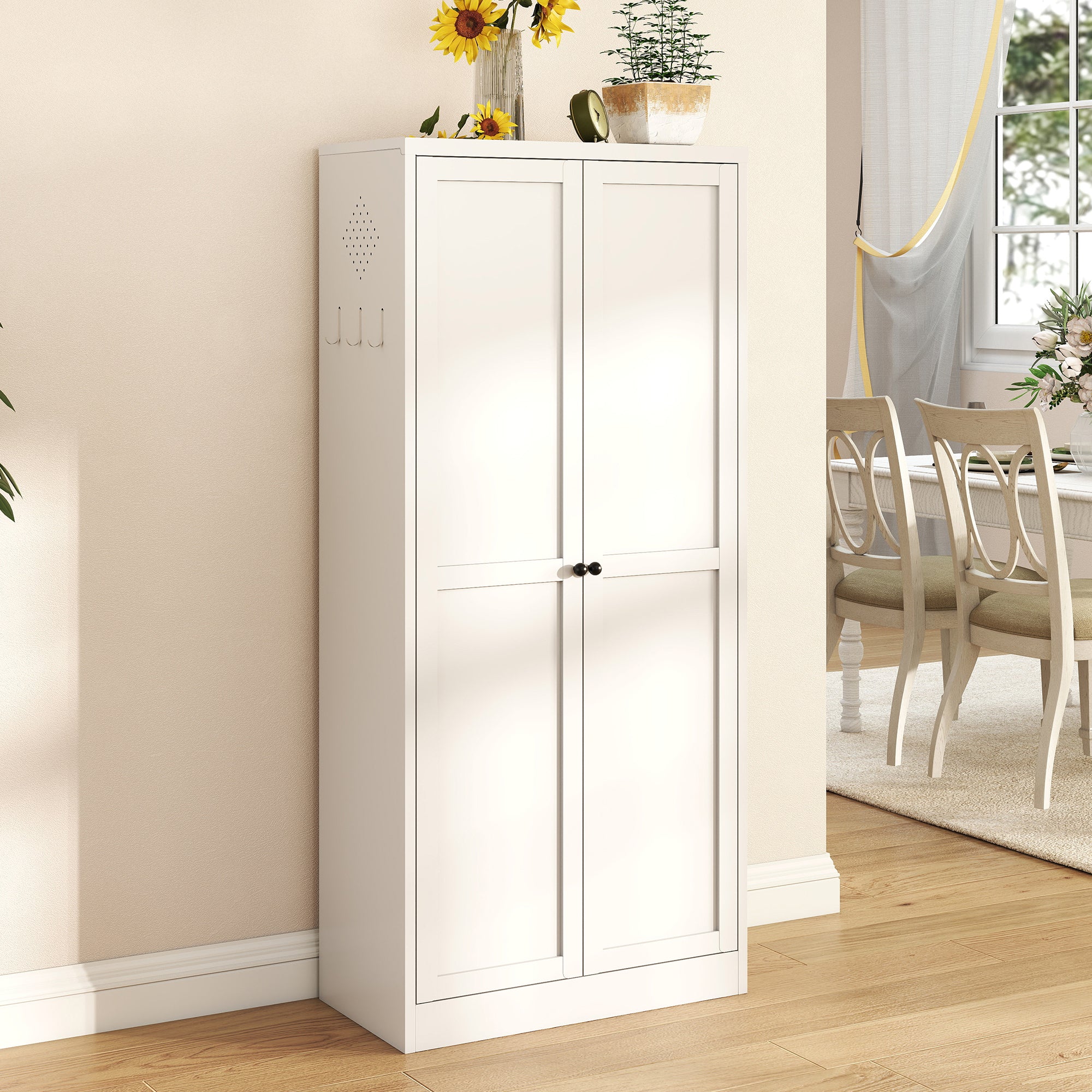 61-inch white metal kitchen pantry cabinet with adjustable shelves