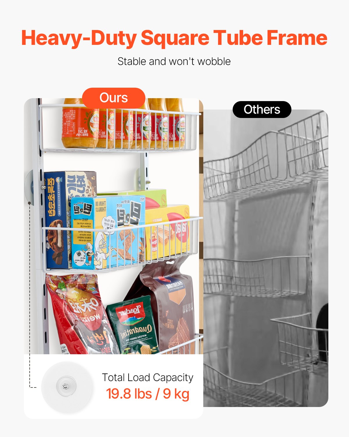 Adjustable steel pantry organizer with six storage baskets