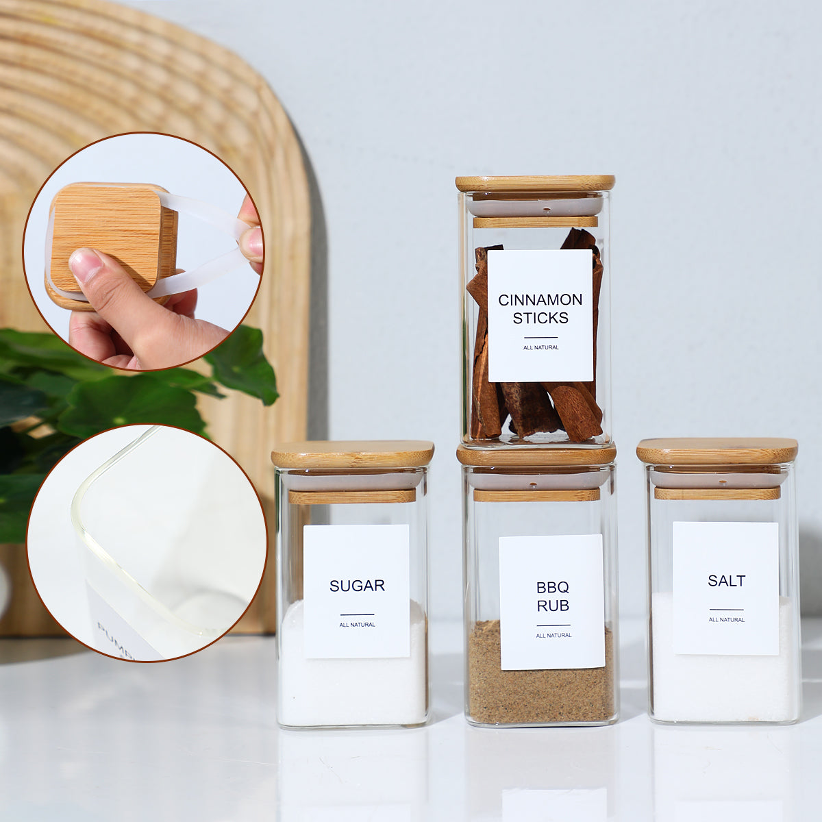 Square glass spice jars for pantry organization