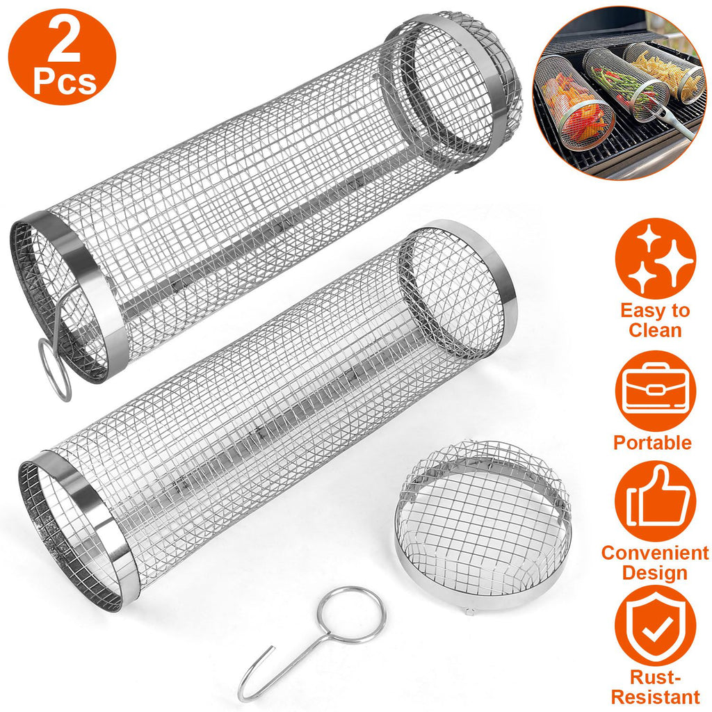 2-Pieces Stainless Steel Rolling Grill Basket Set – BBQ Mesh Tube with Hooks