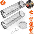 2-Pieces Stainless Steel Rolling Grill Basket Set – BBQ Mesh Tube with Hooks
