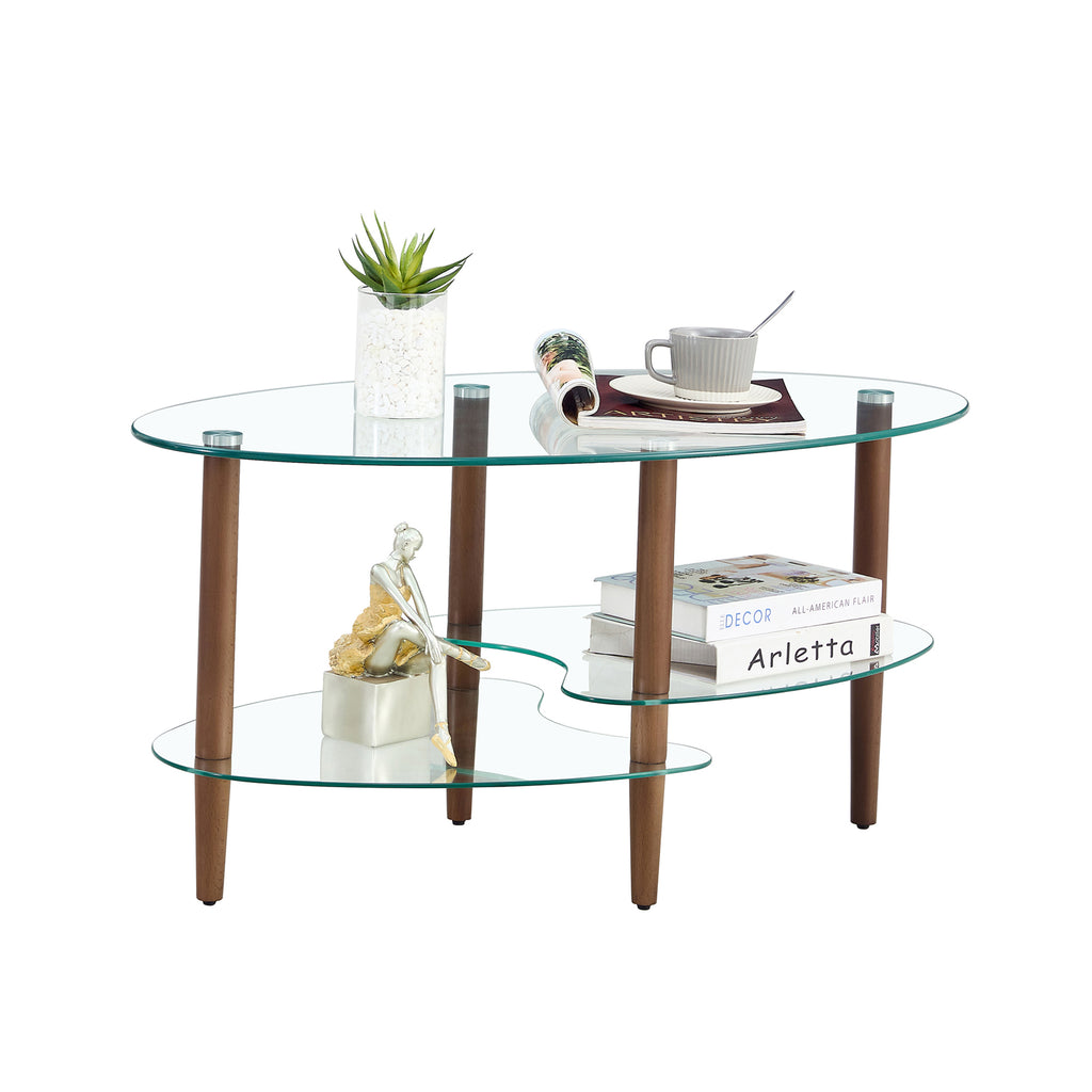 Modern three-level glass coffee table with wood legs