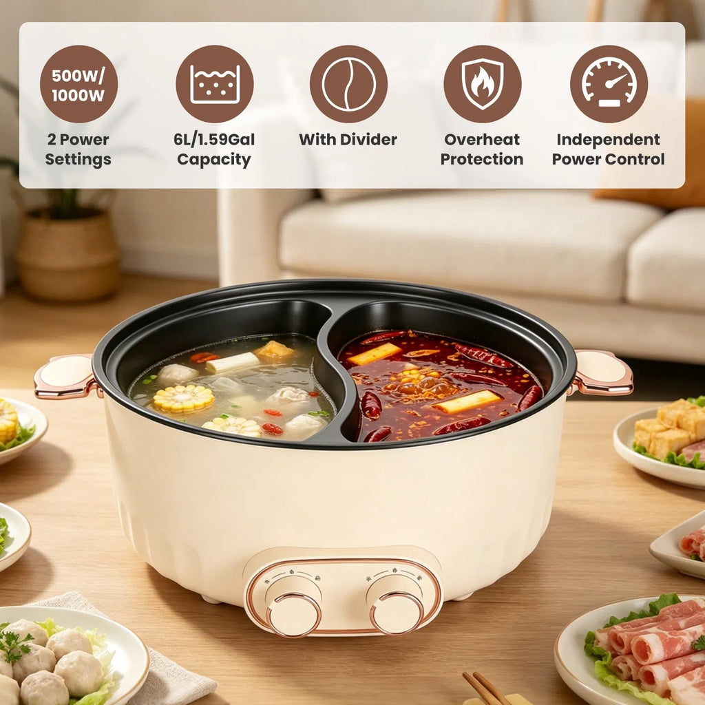 6L dual-sided electric hot pot with independent controls