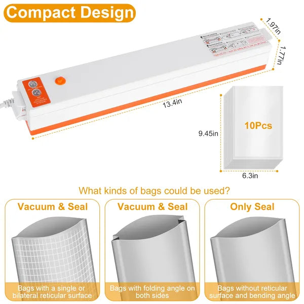 Compact dry and wet food vacuum sealer with starter bags