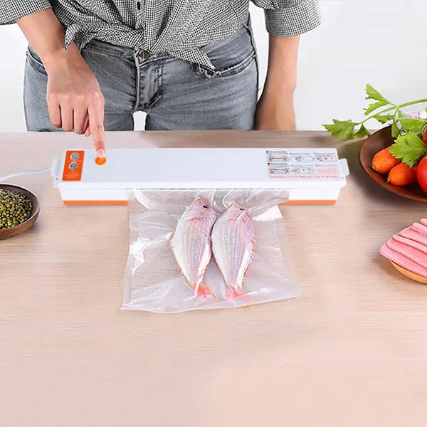 Compact dry and wet food vacuum sealer with starter bags