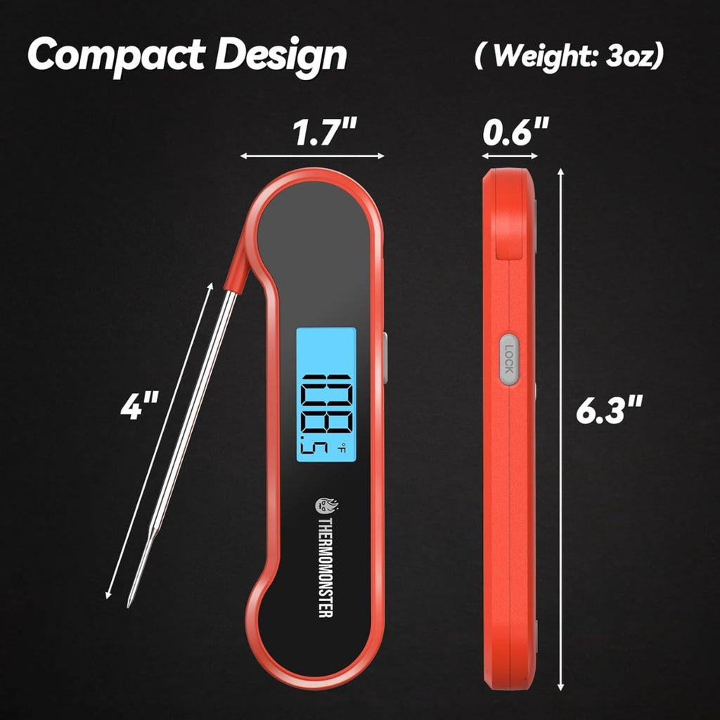 Digital kitchen thermometer checking meat temperature
