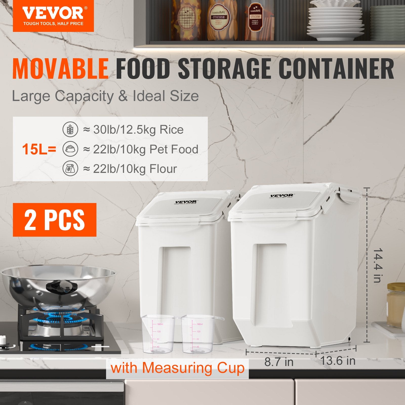 Two white 15L pantry ingredient storage bins with measuring cups