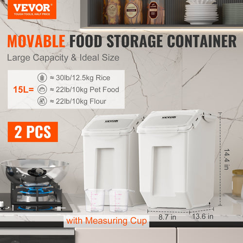 Two white 15L pantry ingredient storage bins with measuring cups