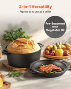 Cast Iron Dutch Oven 2-in-1 – 5 Qt Pre-Seasoned Double Pot with Lid Pan