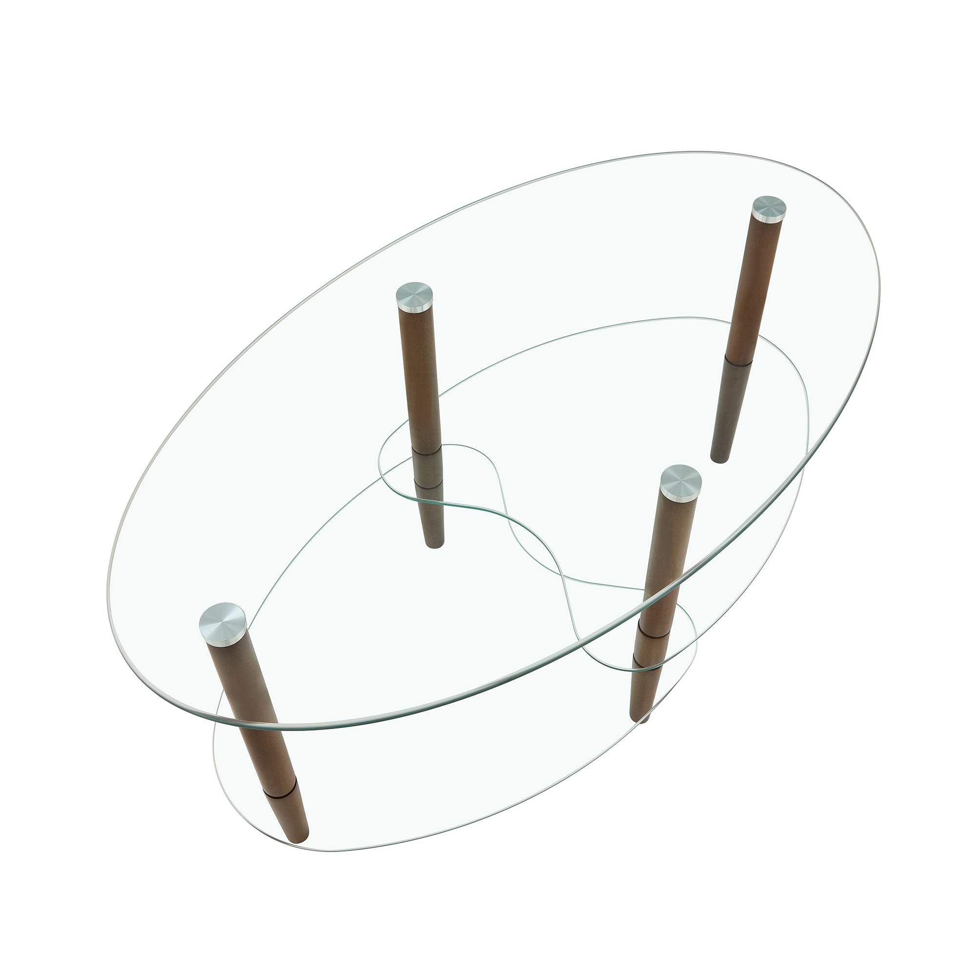 Three-tier glass coffee table with warm wood legs
