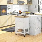 White and oak rolling kitchen island for extra prep space