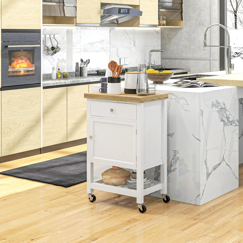 White and oak rolling kitchen island for extra prep space