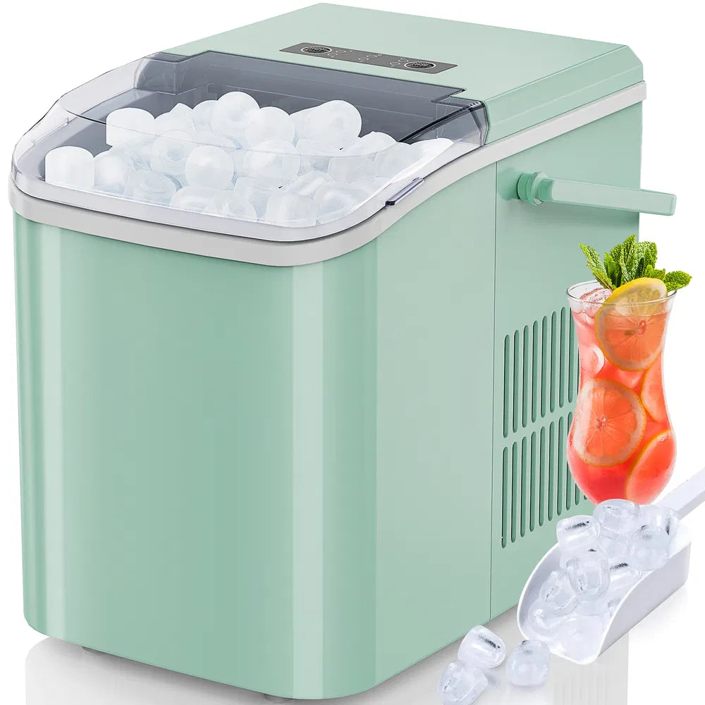 Portable countertop ice maker with handle and bullet ice