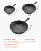 3-Piece Cast Iron Skillet Set (6”, 8”, 10”) – Pre-Seasoned Heavy-Duty Frying Pans