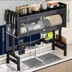 Two-tier kitchen dish rack with utensil and knife storage