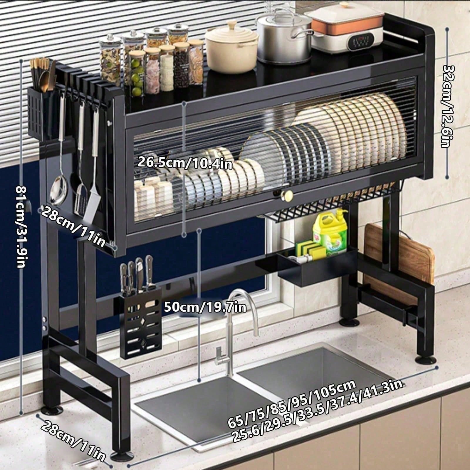 Two-tier kitchen dish rack with utensil and knife storage