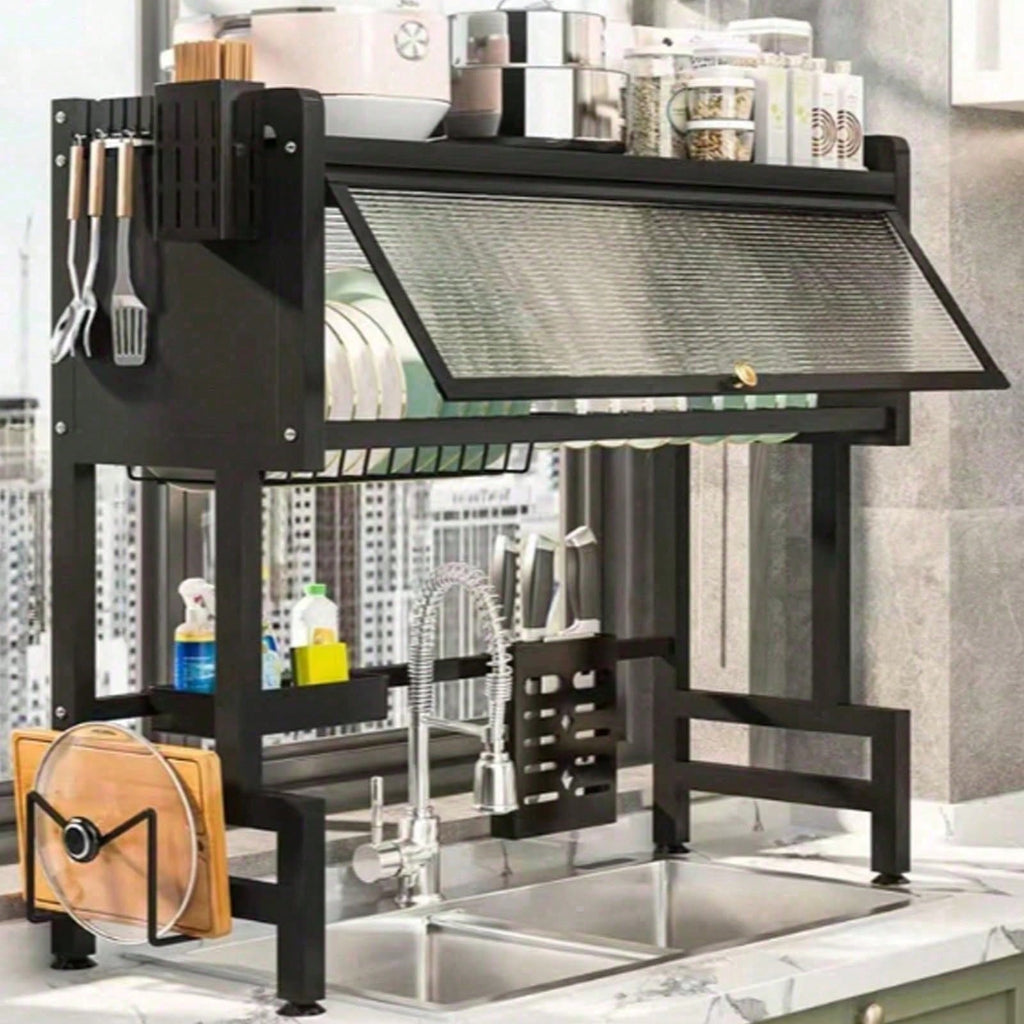 33.5-inch double-tier dish drying rack with covered upper tier