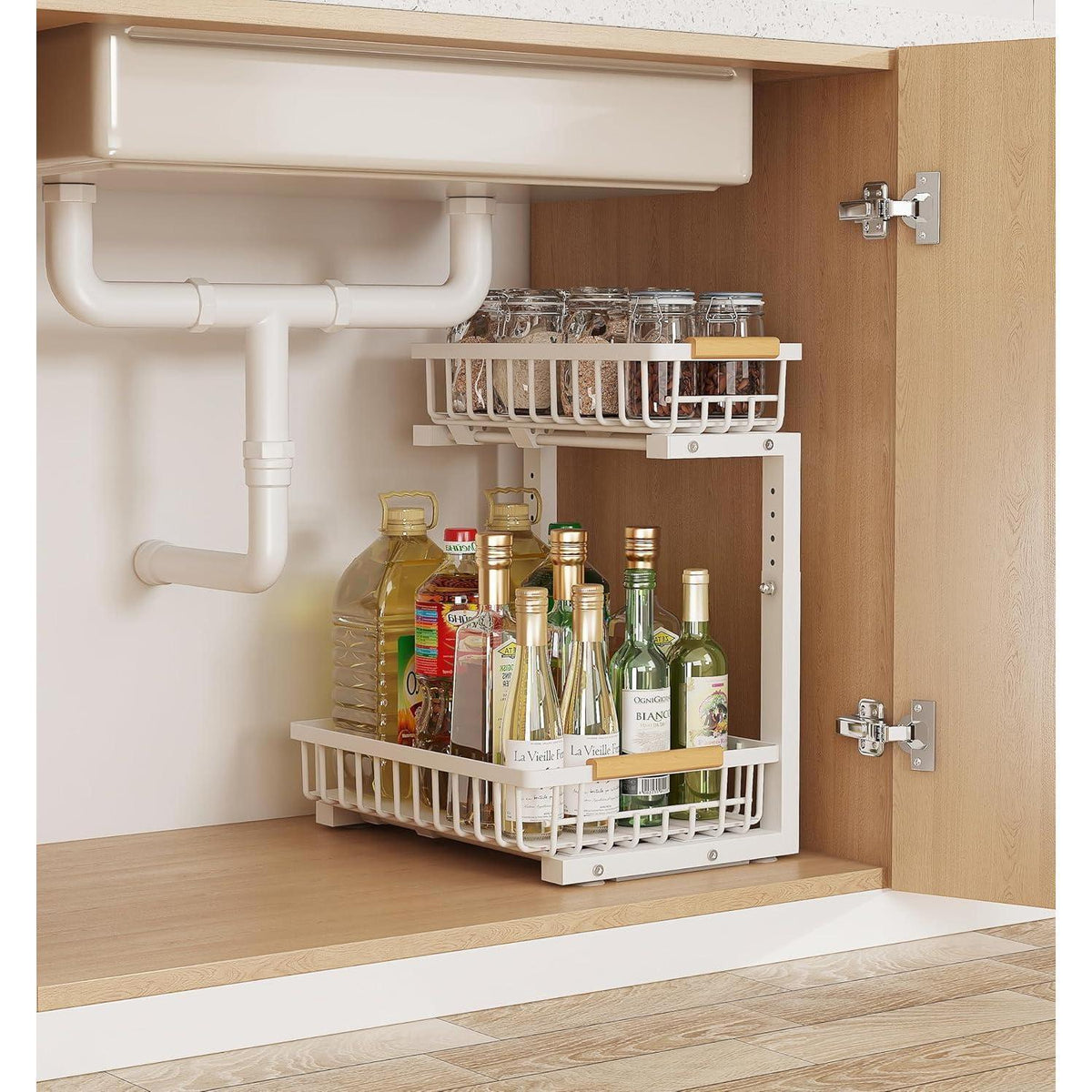 Pull-out lower drawer on steel cabinet organizer