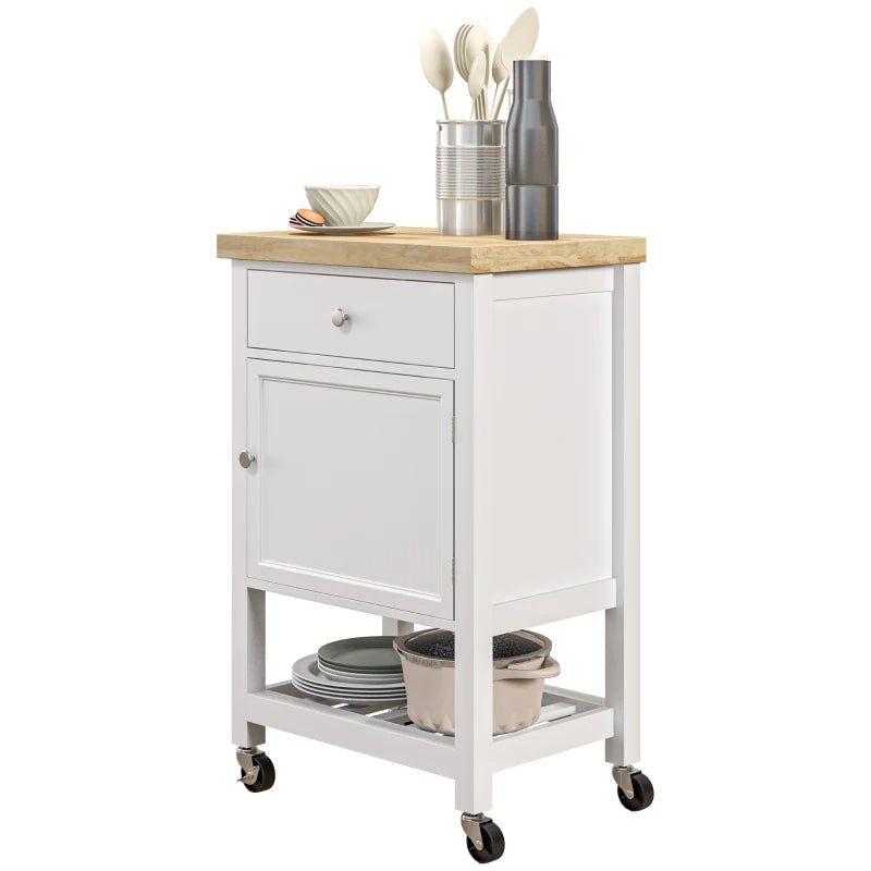 Compact rolling kitchen cart with oak-tone worktop