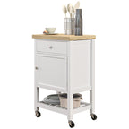 Compact rolling kitchen cart with oak-tone worktop