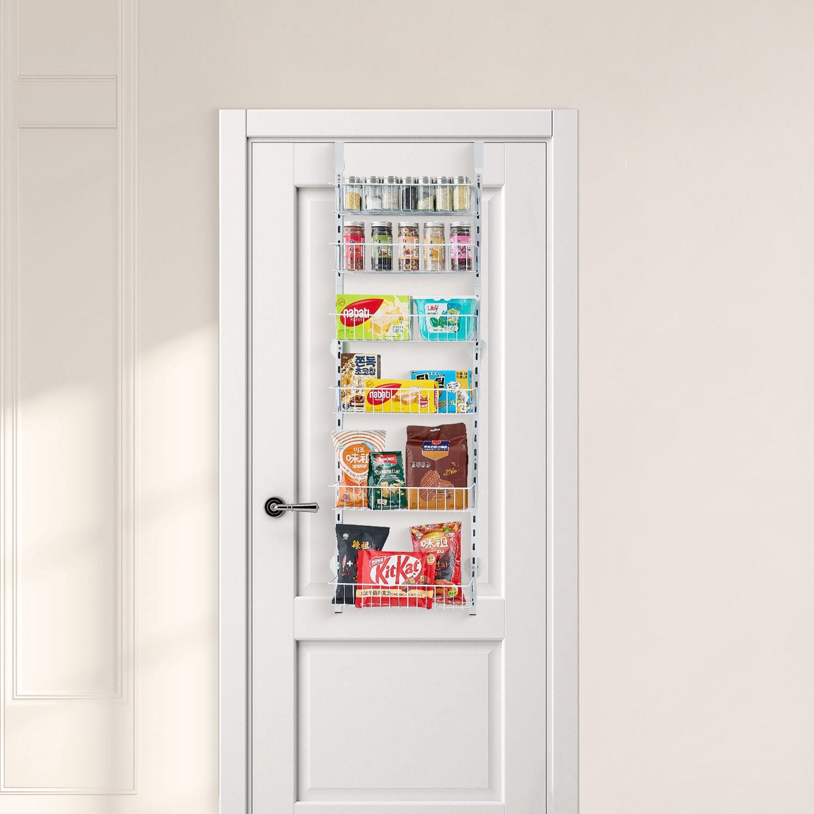 Wall-mountable six-tier kitchen pantry storage organizer