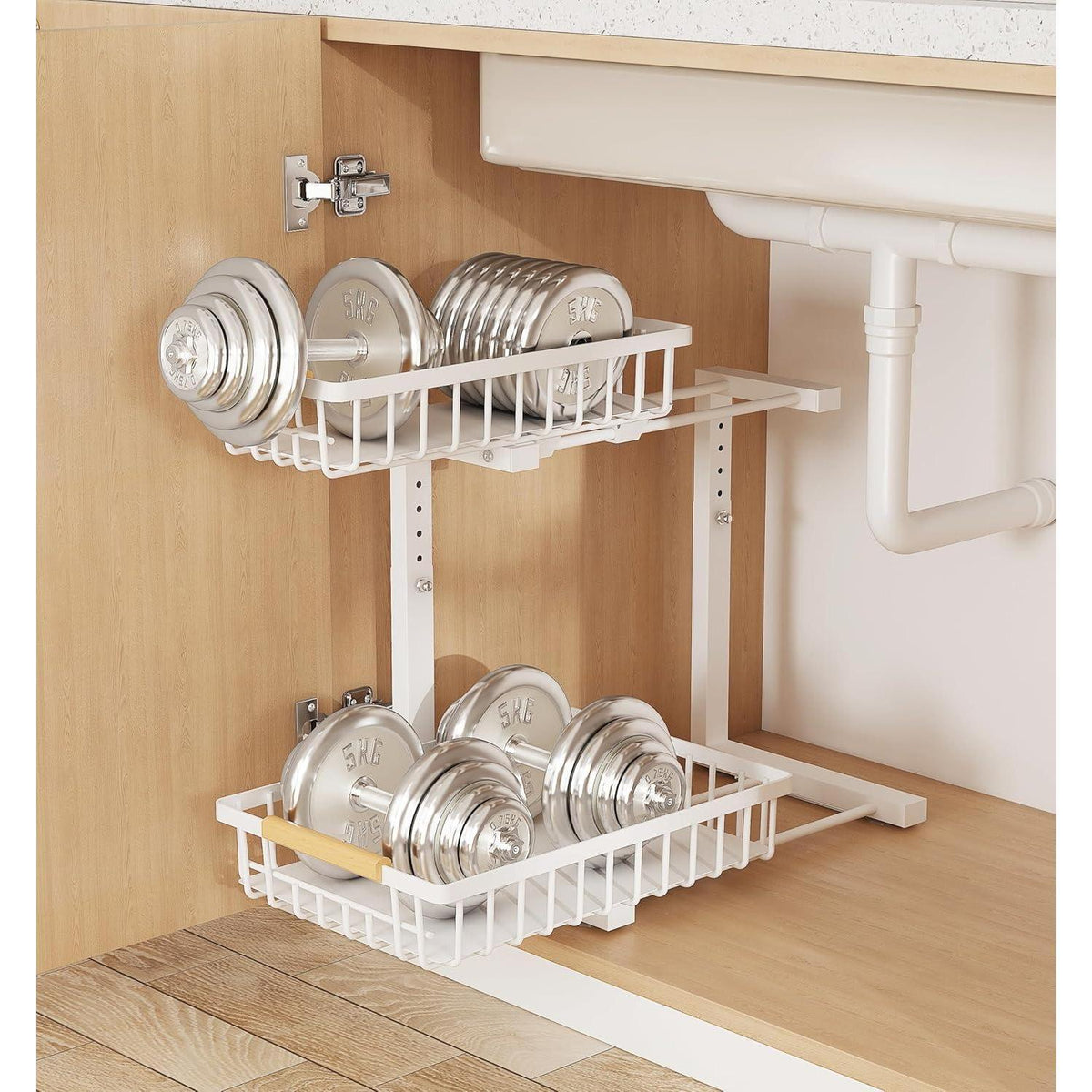 Under-sink storage rack with wood-look drawer handle