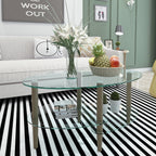 Wood-leg glass coffee table with three storage levels