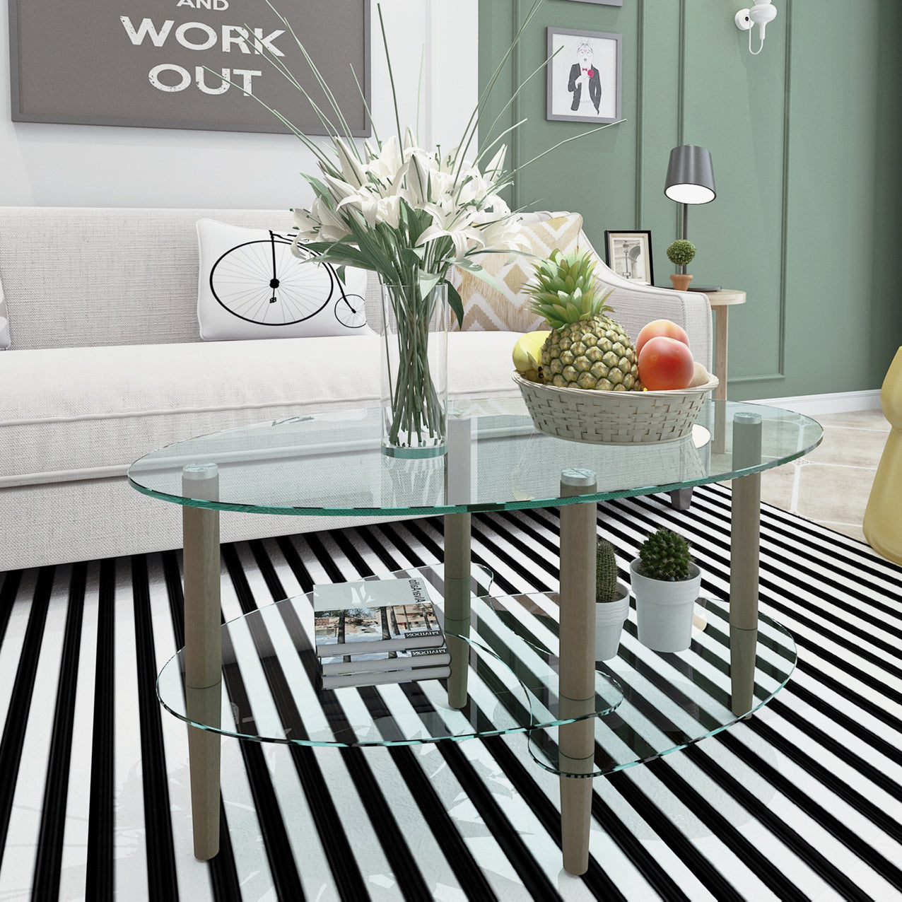 Wood-leg glass coffee table with three storage levels
