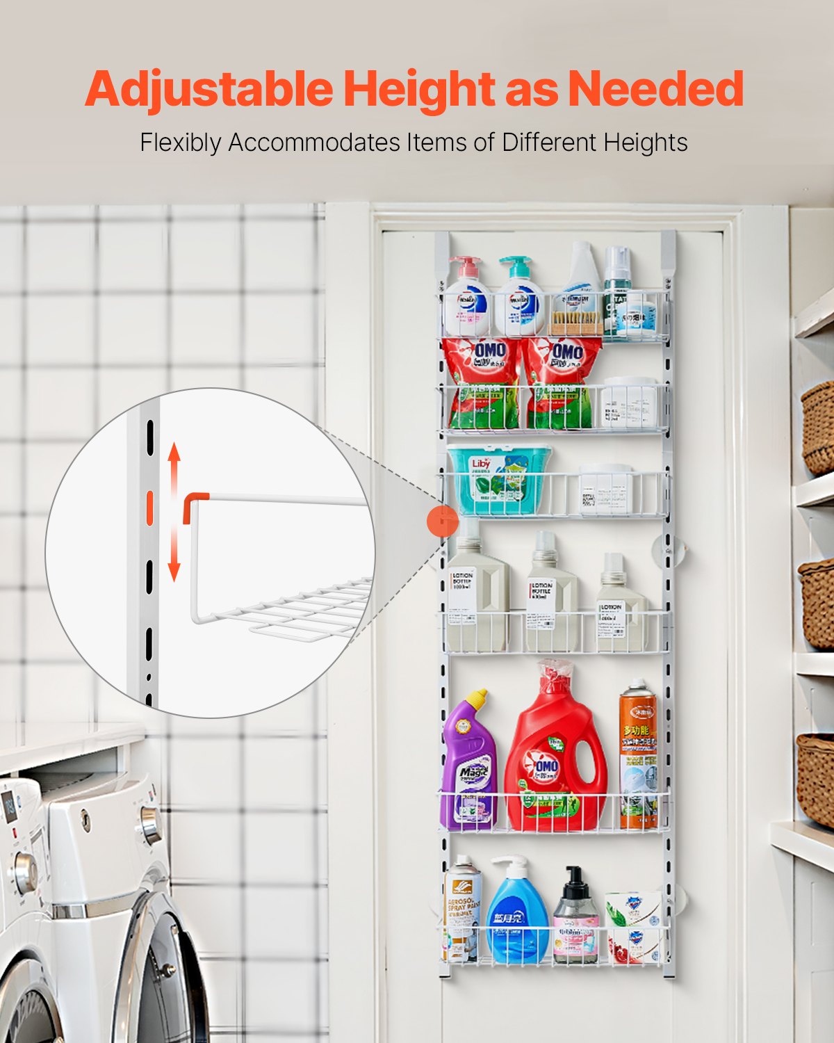 White over-door kitchen organizer for pantry staples