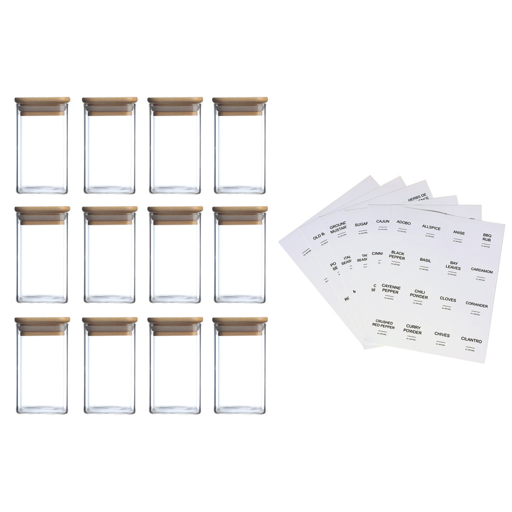 Matching square spice jars for cabinet storage