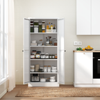 Tall white pantry storage cabinet with four adjustable shelves