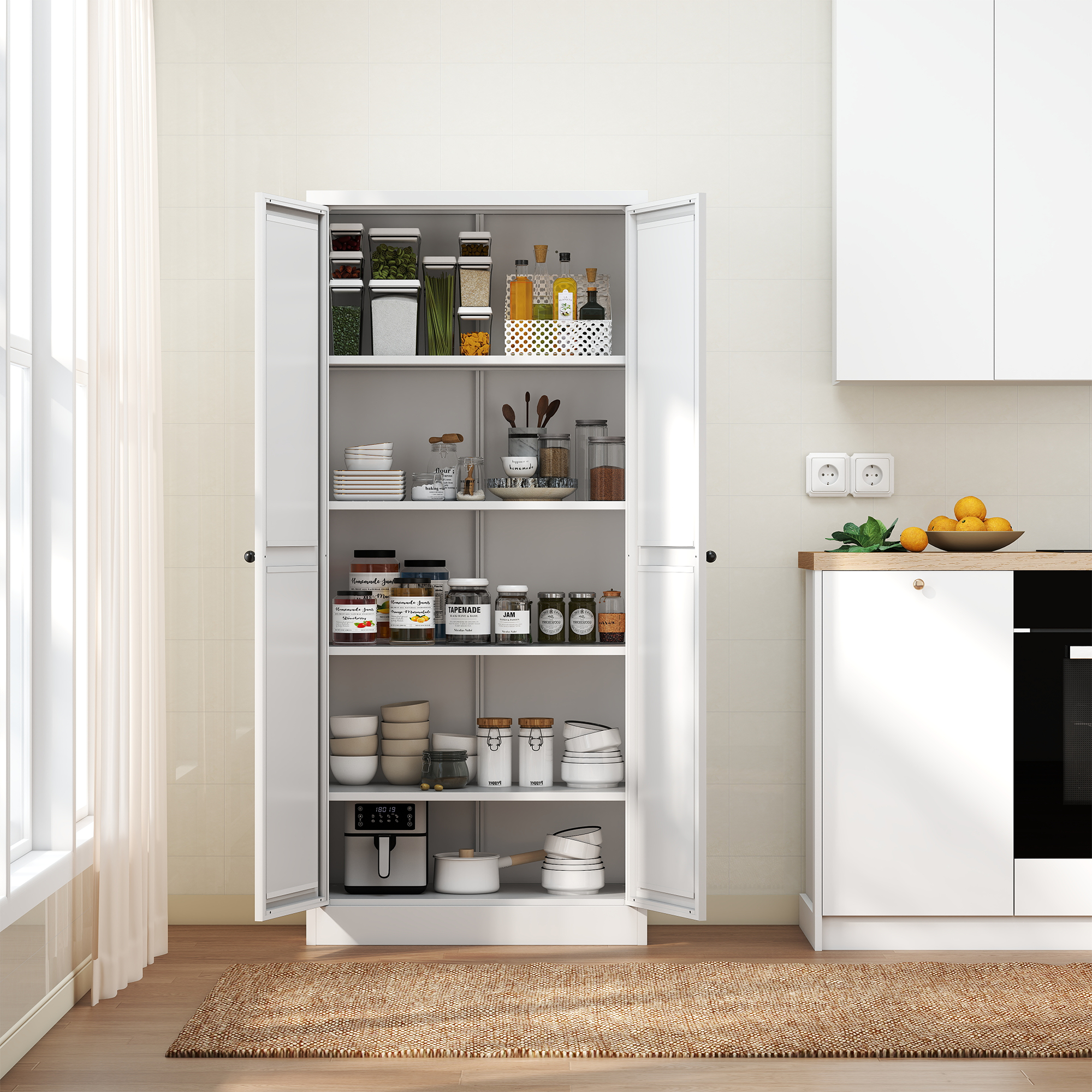 Tall white pantry storage cabinet with four adjustable shelves