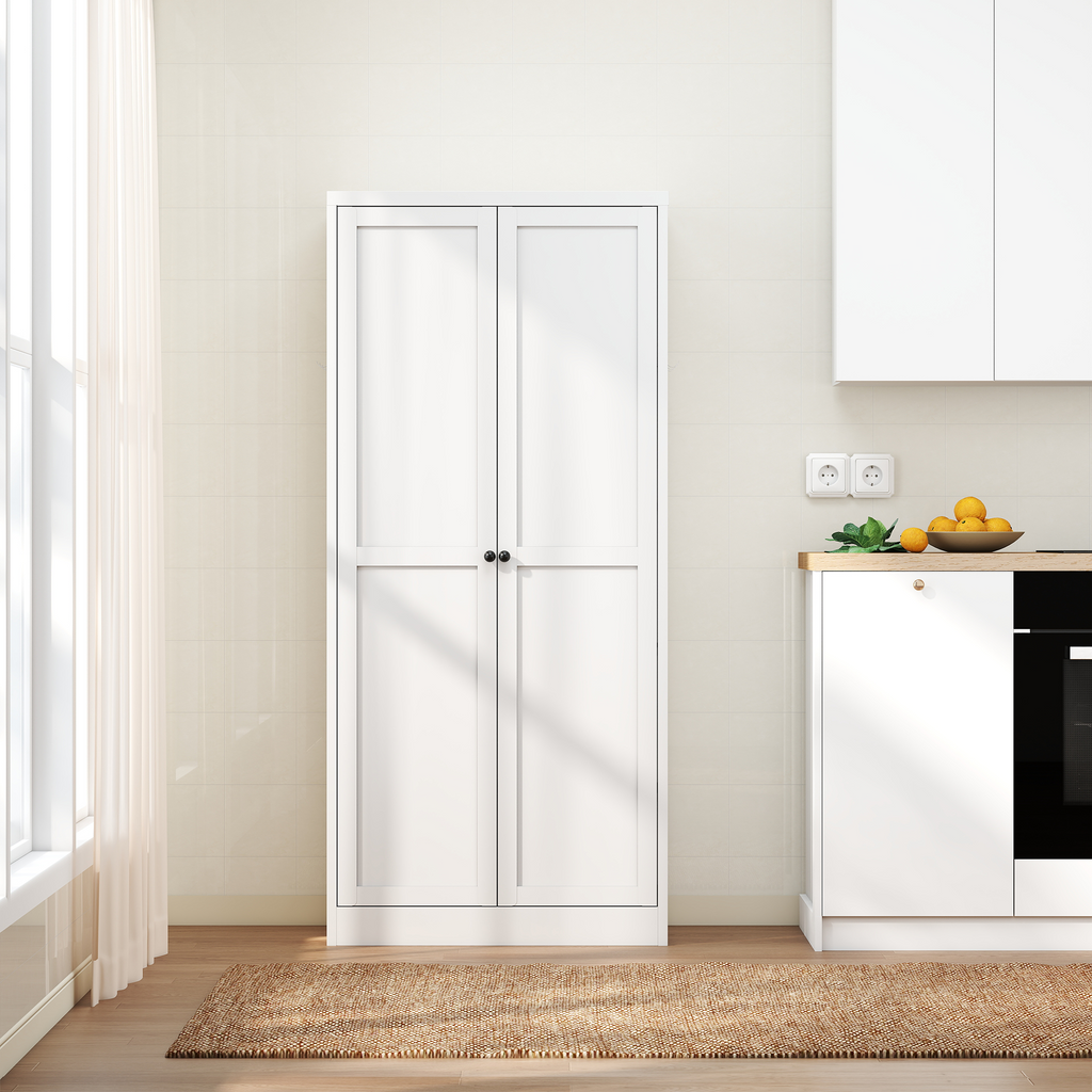 White kitchen storage cabinet for pantry and dining area