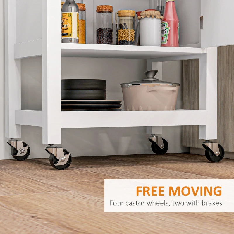 Compact kitchen island on wheels with multiple storage areas