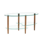 Oval glass living room coffee table with display shelves