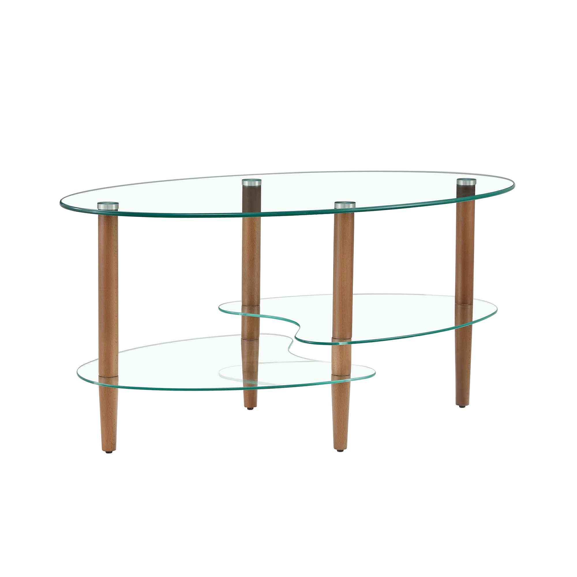 Oval glass living room coffee table with display shelves