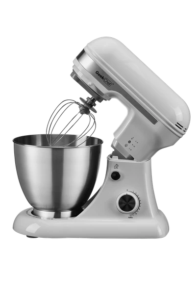 12-speed rotary control on gray electric stand mixer
