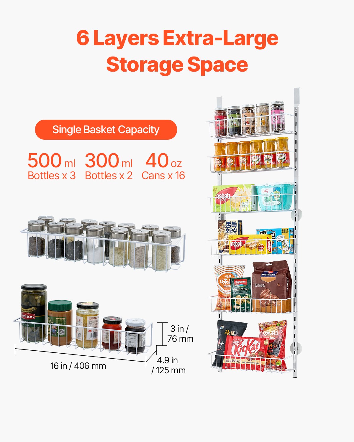 Six-tier pantry door storage rack with adjustable baskets