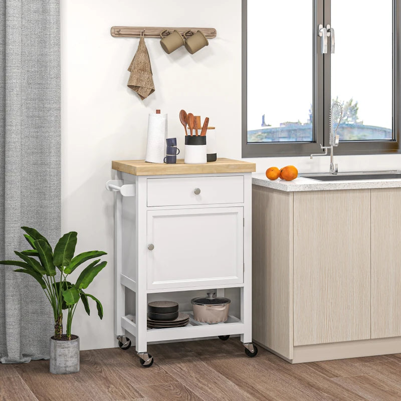 Mobile kitchen storage island with drawer and cabinet