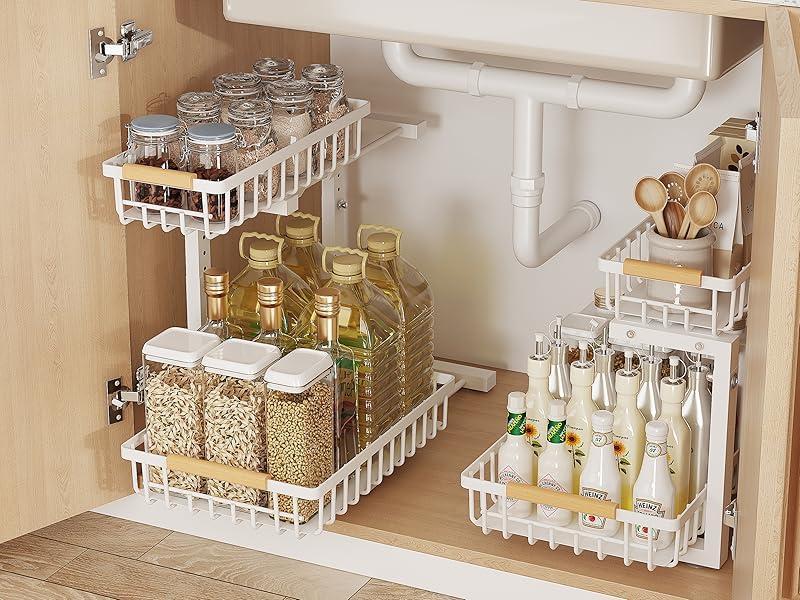 Adjustable two-tier black under-sink organizer with pull-out drawer