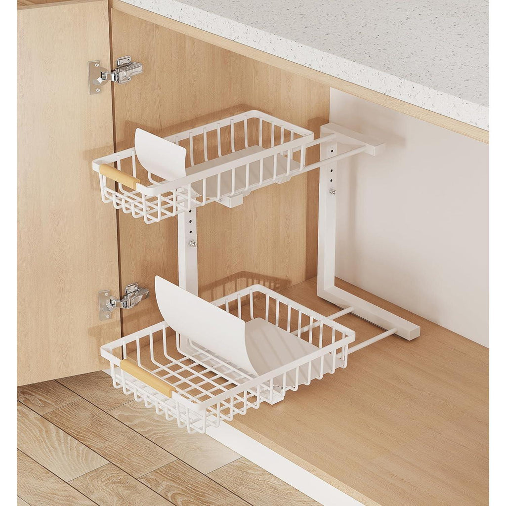 Steel cabinet organizer with raised shelf guardrails